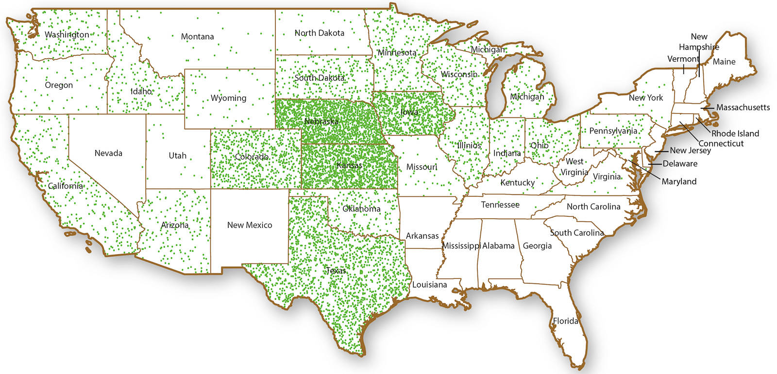Dot density plot of cattle on feed, January 1, 2015. Map shows state-level inventory totals with each dot representing 1,500 head. Cattle on feed are defined as those animals being fed a ration of grain, silage, hay or protein supplements and expected to produce a carcass that will grade Select or better. States with few cattle on feed are aggregated into an “other states” category, which accounts for a total of 56,000 head (0.4%). Source: Cattle on Feed Inventory, January 1, 2015. U.S. Department of Agriculture, National Agricultural Statistics Service.