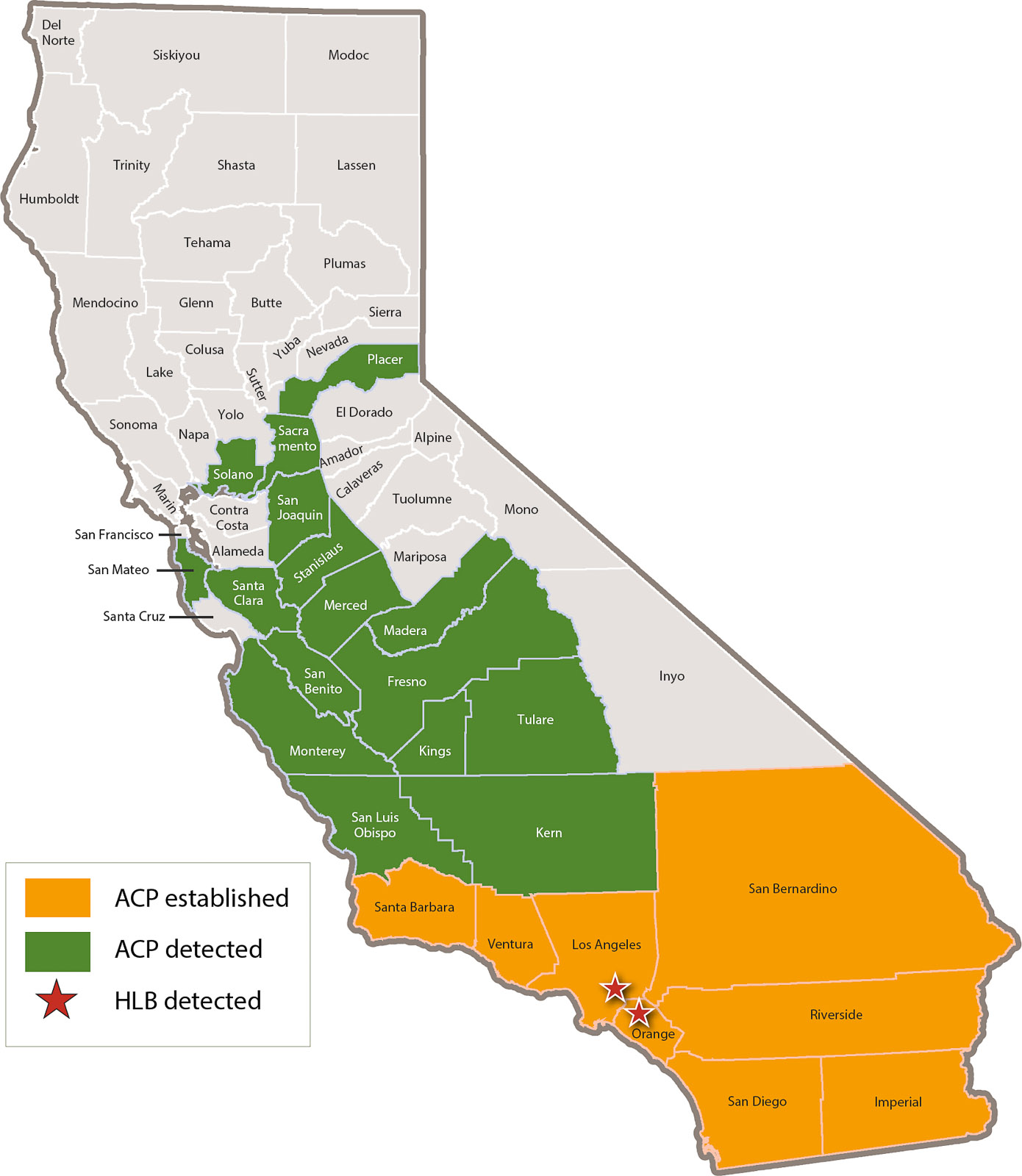 Known distribution of Asian citrus psyllid in California, May 2017.