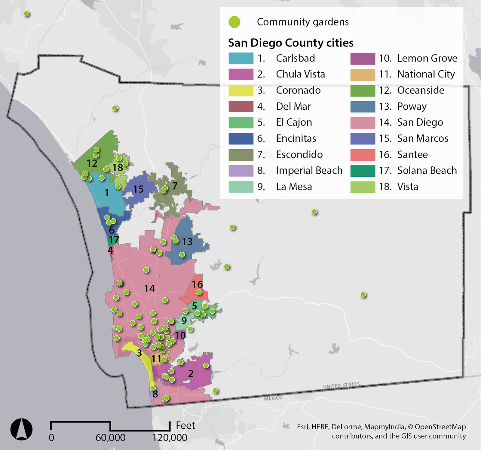 The San Diego Community Garden Network. Map created by Arturo Tovar-Villalobos.