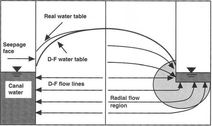 Diagram of Dupuit-Forchheimer approximated water table, the real water table including the seepage face, and radial flow lines.