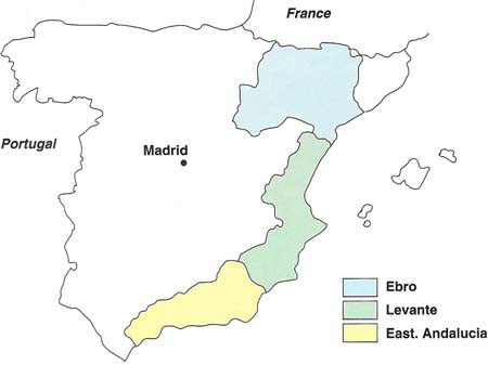 Spain's major almond-producing regions.
