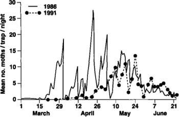 Mean numbers of spring-emerging moths captured per trap per night in 48 pheromone-baited survey traps checked daily in 1986 and twice weekly in 1991.