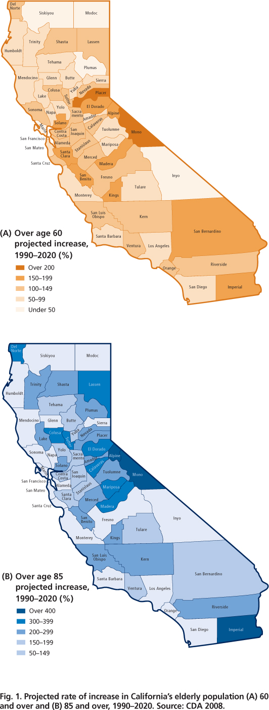 Projected rate of increase in California's elderly population (A) 60 and over and (B) 85 and over, 1990–2020. Source: CDA 2008.