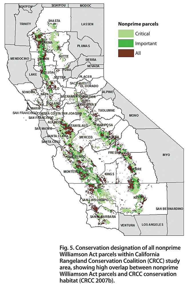 Conservation designation of all nonprime Williamson Act parcels within California Rangeland Conservation Coalition (CRCC) study area, showing high overlap between nonprime Williamson Act parcels and CRCC conservation habitat (CRCC 2007b).