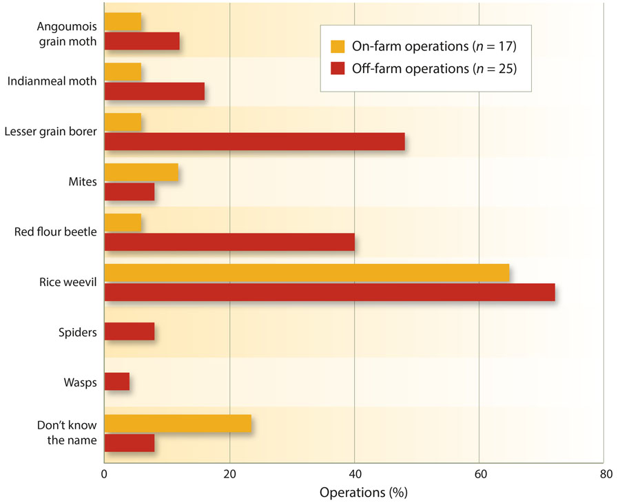 Percentage of operations that named one of the following arthropods as causing problems in stored rough rice in the past 5 years: Angoumois grain moth, Sitotroga cerealella (Olivier); Indianmeal moth, Plodia interpunctella (Hübner); lesser grain borer, Rhyzopertha dominica (Fabricius); mites; red flour beetle, Tribolium castaneum (Herbst); rice weevil, Sitophilus oryzae (Linnaeus); spiders or wasps. Respondents were given the option to select “I don't know the name of the insects.”