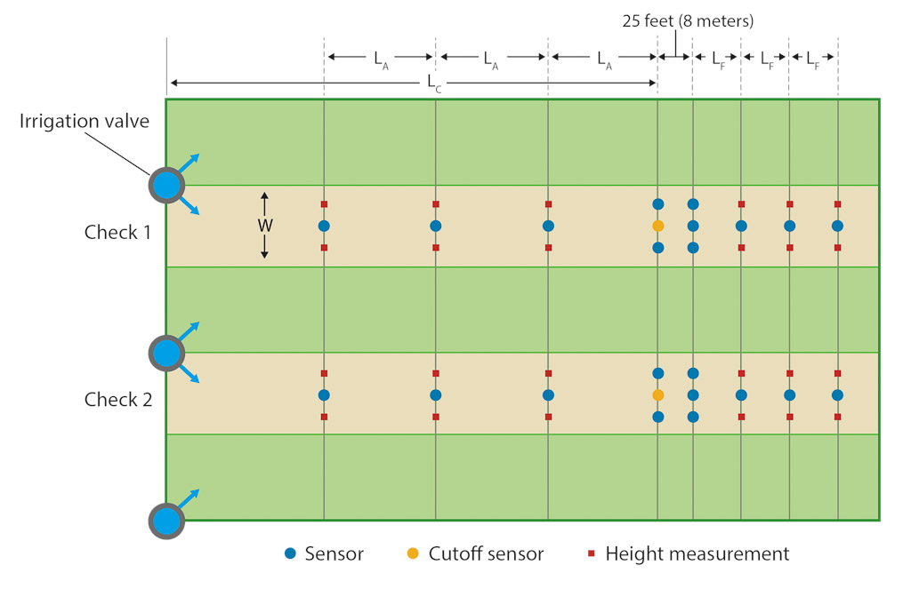 Experiment layout: Each test included two checks, with an irrigation inflow at the head of the field, a sensor (the cutoff sensor, orange) at the irrigator-determined cutoff distance (LC), additional sensors (blue) to monitor the progression of the wetting front and the locations where the depth of the surface water was measured (red). The additional sensors were placed equidistantly before (LA) and after (LF) the cutoff location.