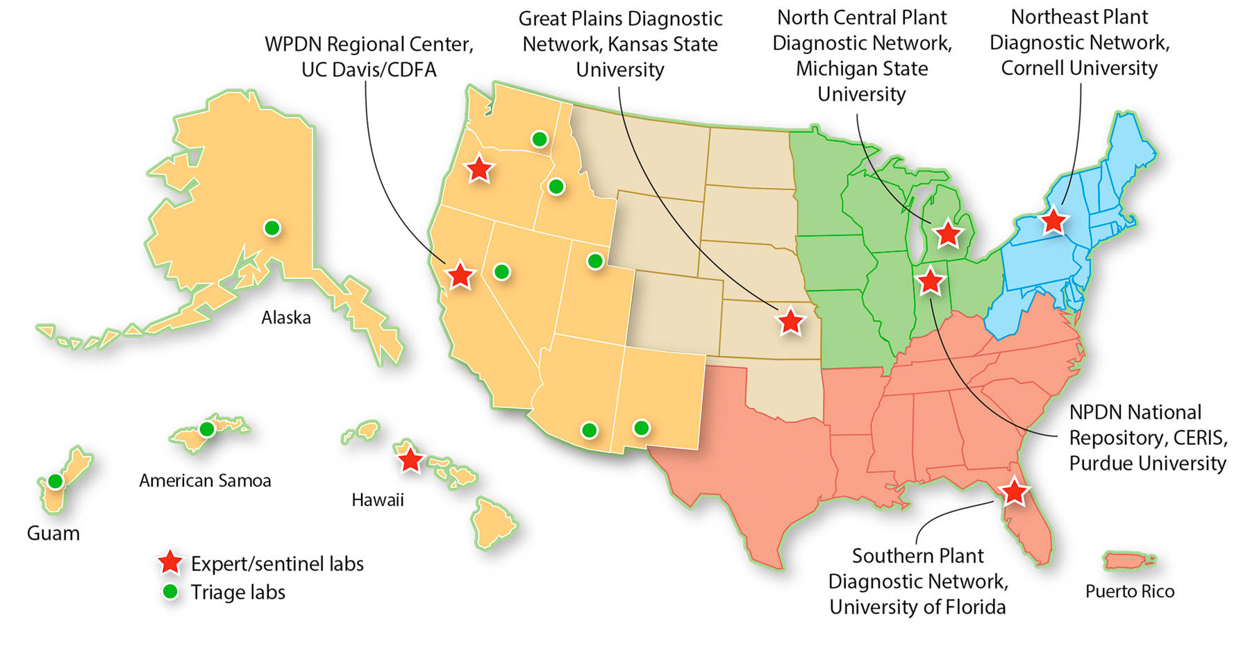 Organizational map of the National Plant Diagnostic Network with the five regional networks and the NPDN National Repository at Purdue University. The Western Plant Diagnostic Network (WPDN) includes 10 Western states and U.S. territories in the Pacific.