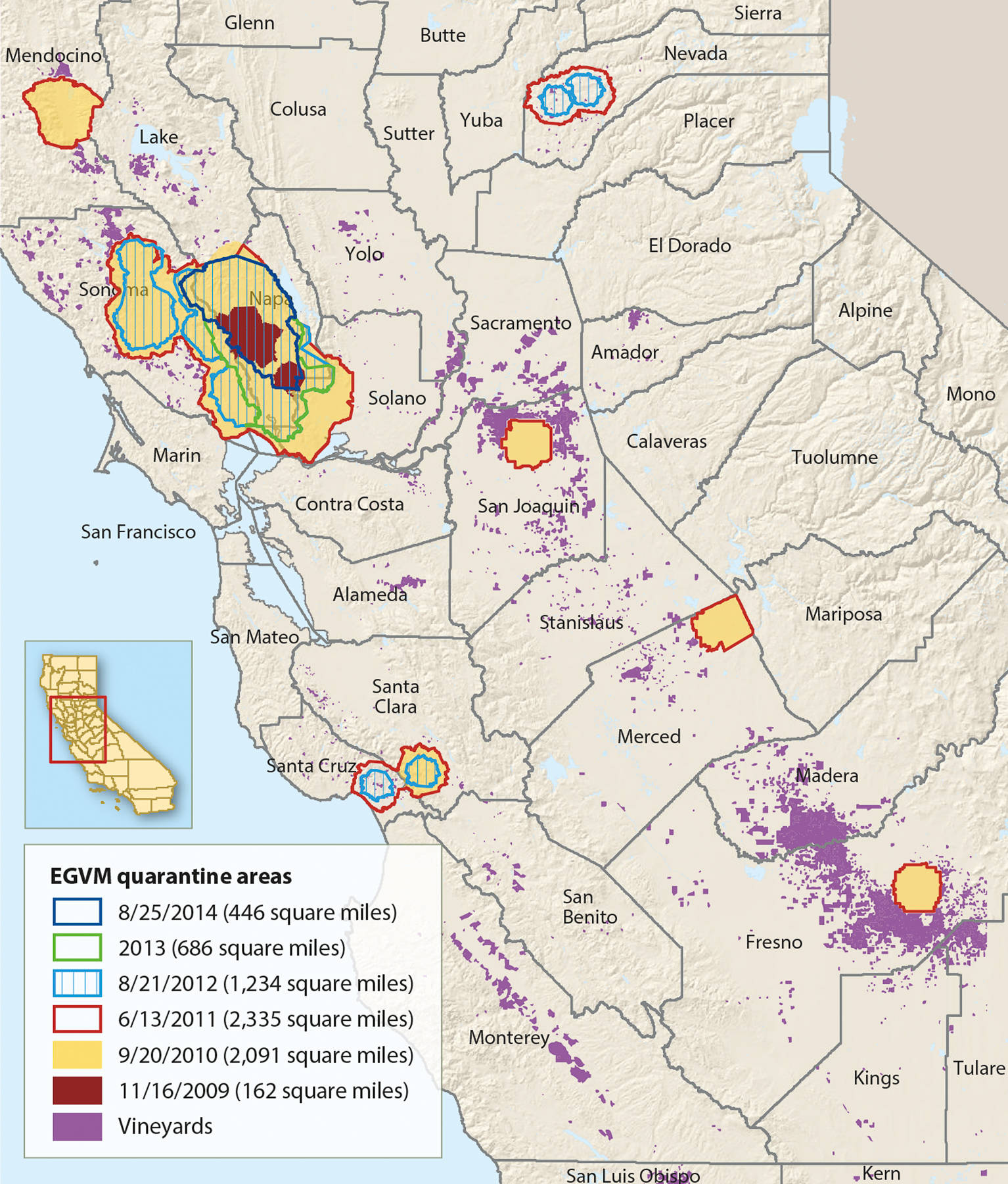 Regulated areas of California for EGVM, defined by USDA, 2009 to 2014.