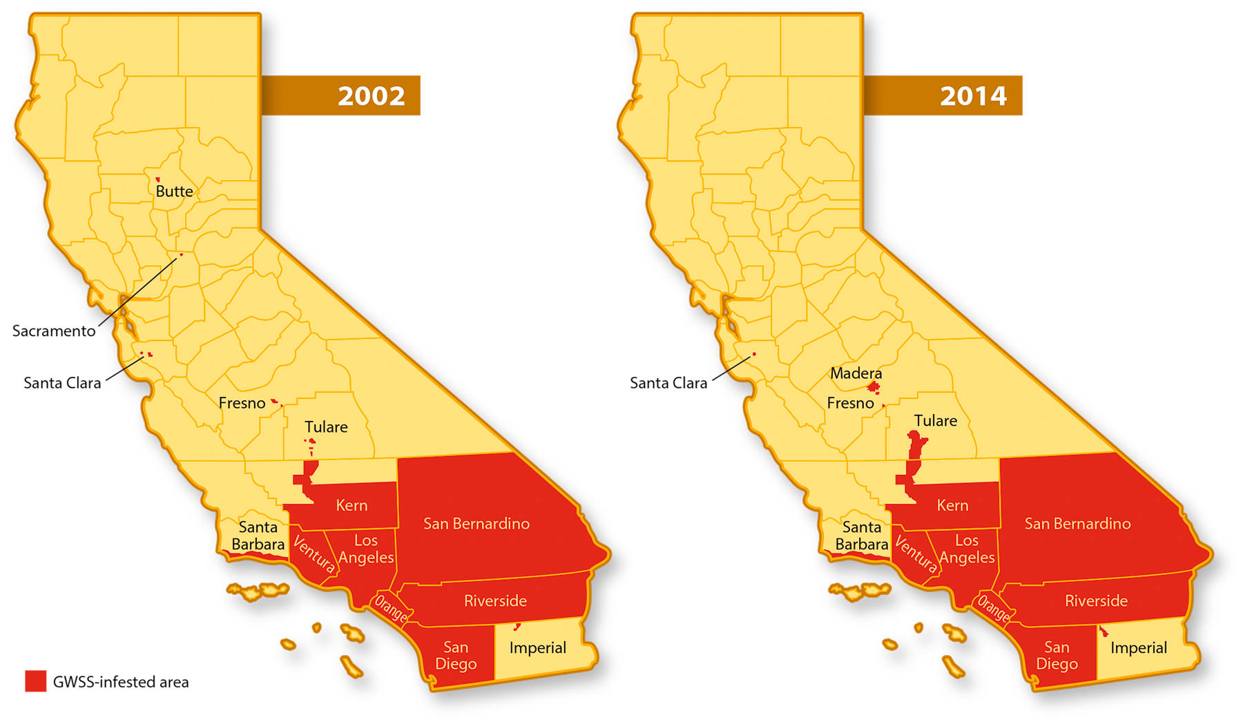 Areas of California infested by GWSS in 2002 and 2014. At the end of 2002, GWSS was confined mostly to Southern California counties, with minor infestations in three Northern California counties. The Southern California infestation in 2014 is slightly expanded compared to the infestation in 2002, but some Northern California infestations have been eradicated. Other infestation maps are available at cdfa.ca.gov/pdcp/map_index.html.