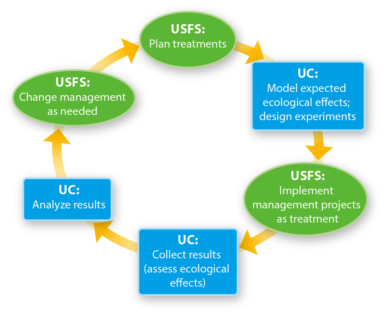 The SNAMP cycle of planning and implementing management treatments, and learning from the results to change management direction. At each phase, scientists and the Forest Service report and interact with stakeholders through integration meetings, annual meetings and field trips facilitated by UCCE.