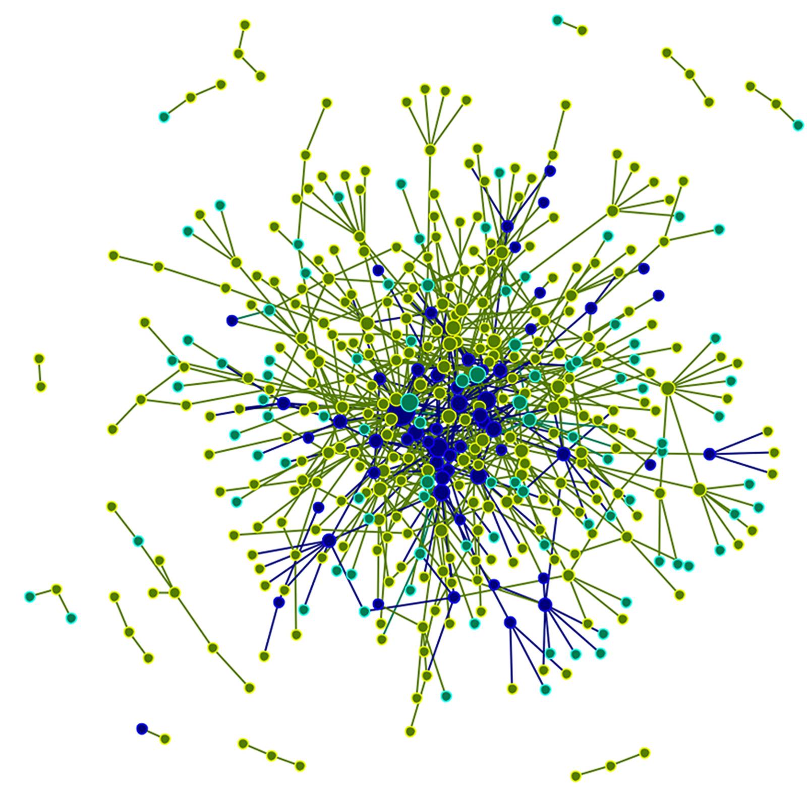 Lodi's knowledge network. Nodes represent individuals and ties represent knowledge-sharing relationships. Green nodes represent individuals who are exclusively growers, aqua nodes represent individuals who are exclusively outreach professionals and blue nodes represent individuals who are both growers and outreach professionals (boundary-spanning professionals). Nodes are scaled by total degree centrality, with higher centrality represented by larger diameter nodes.