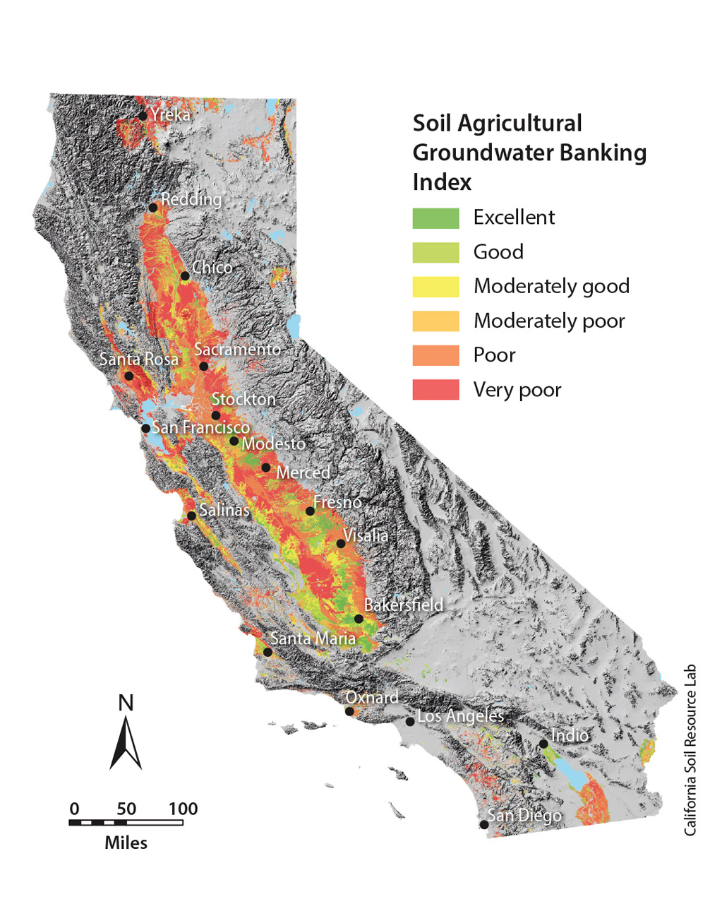 Spatial extent of Soil Agricultural Groundwater Banking Index suitability groups when not accounting for modifications by deep tillage.