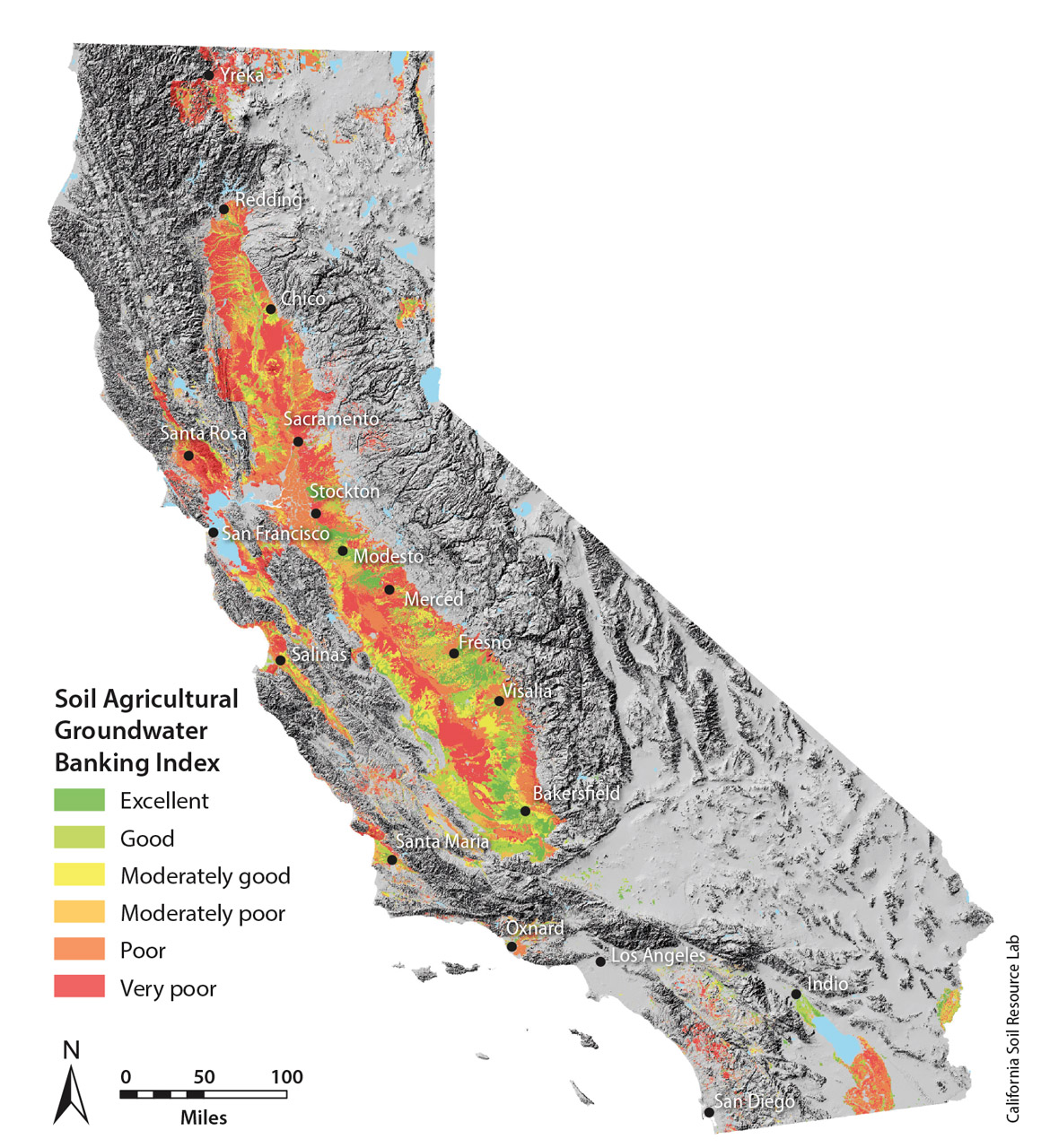 Spatial extent of Soil Agricultural Groundwater Banking Index suitability groups accounting for modifications by deep tillage.