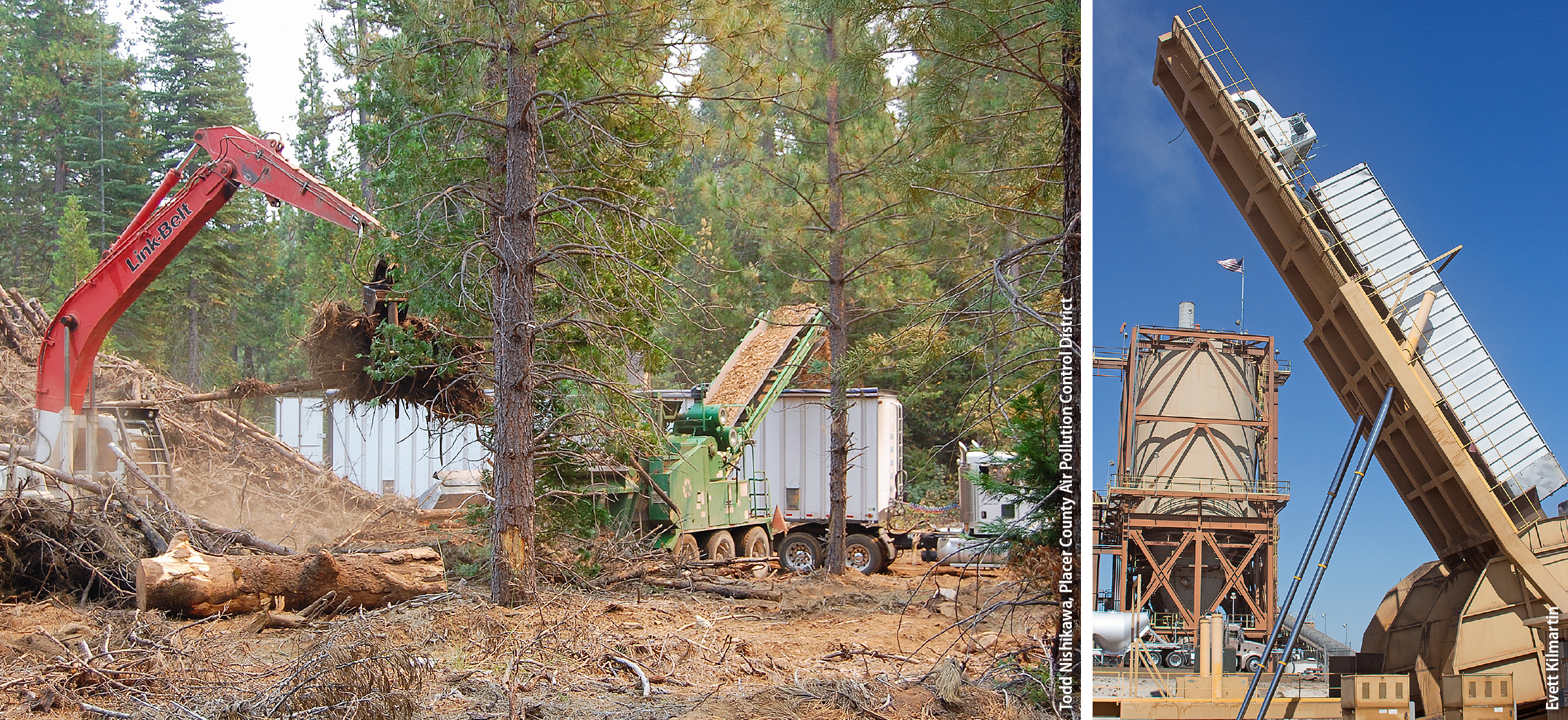 At Blodgett Forest Research Station, an excavator (left) loads forest slash into a horizontal grinder. Wood chips from the grinder are then conveyed into chip vans (center) for transport to Buena Vista Biomass Power plant (right).