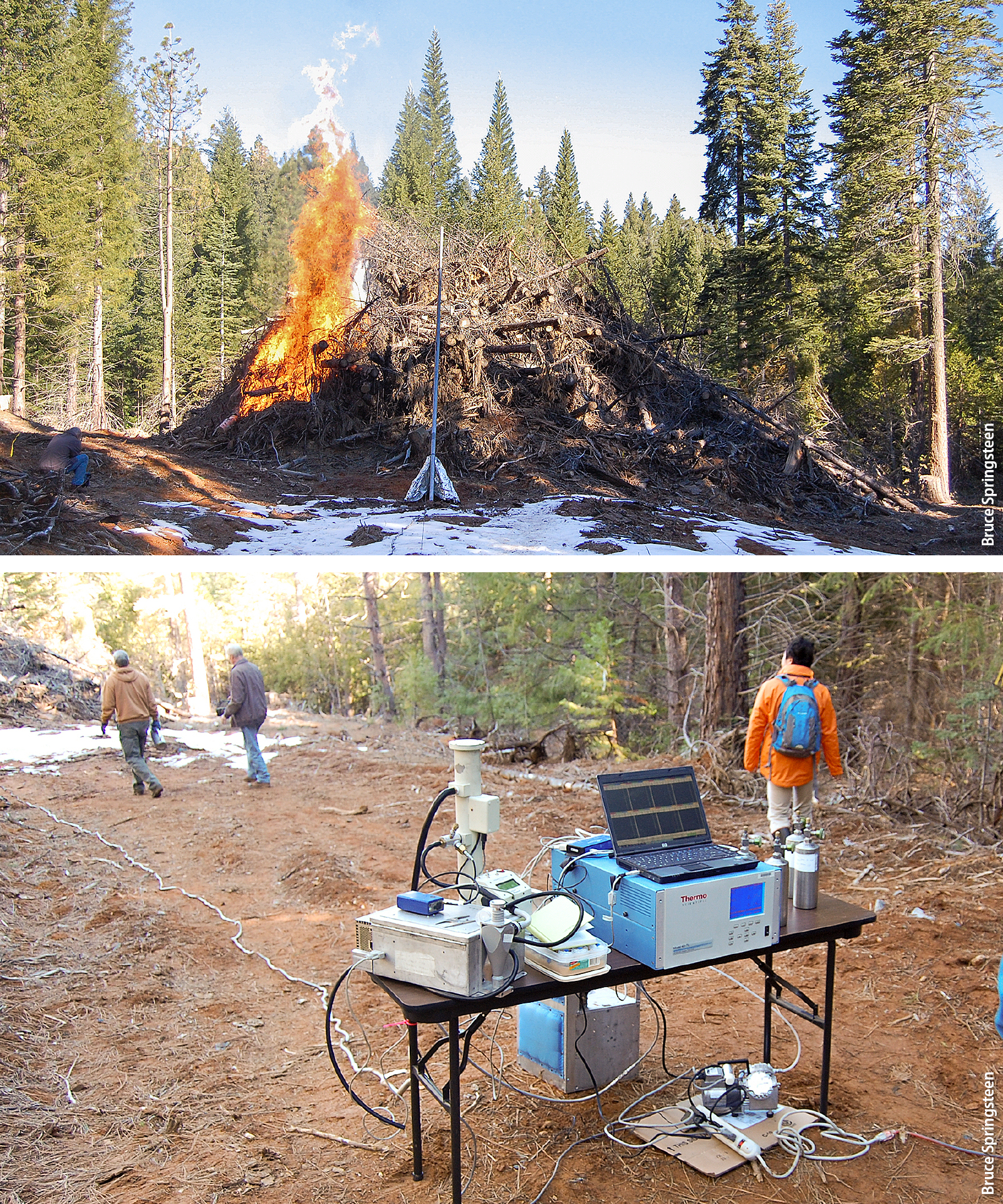 To sample air emissions from the pile burn, researchers used a 20-foot steel probe at the edge of the pile (top); nitrogen oxides, black carbon and carbon dioxide were measured on site using continuous emissions monitors. Canister samples were collected and sent for off site analysis for total fine particulate matter, trace hydrocarbons and carbon monoxide.