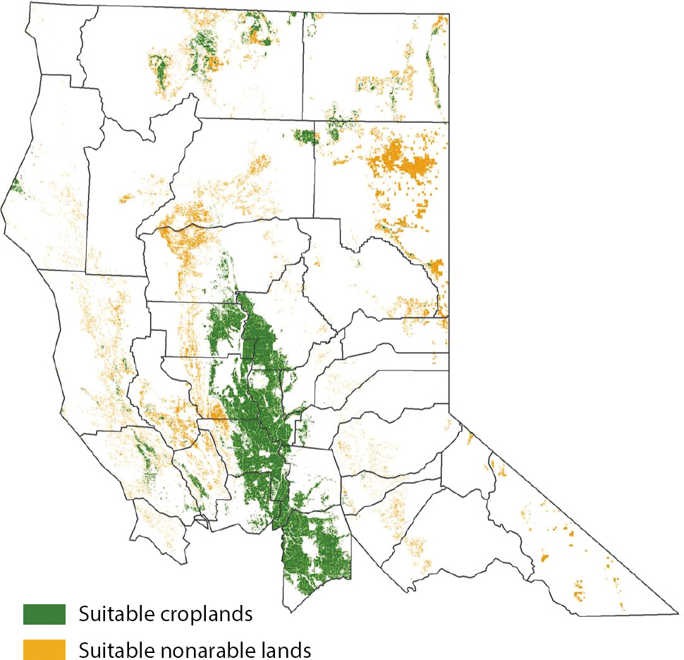 Available croplands and nonarable lands (nonirrigated pasture and grasslands) in the study region (32 counties in Northern California) suitable for poplar cultivation under model analysis. Black lines represent county boundaries.
