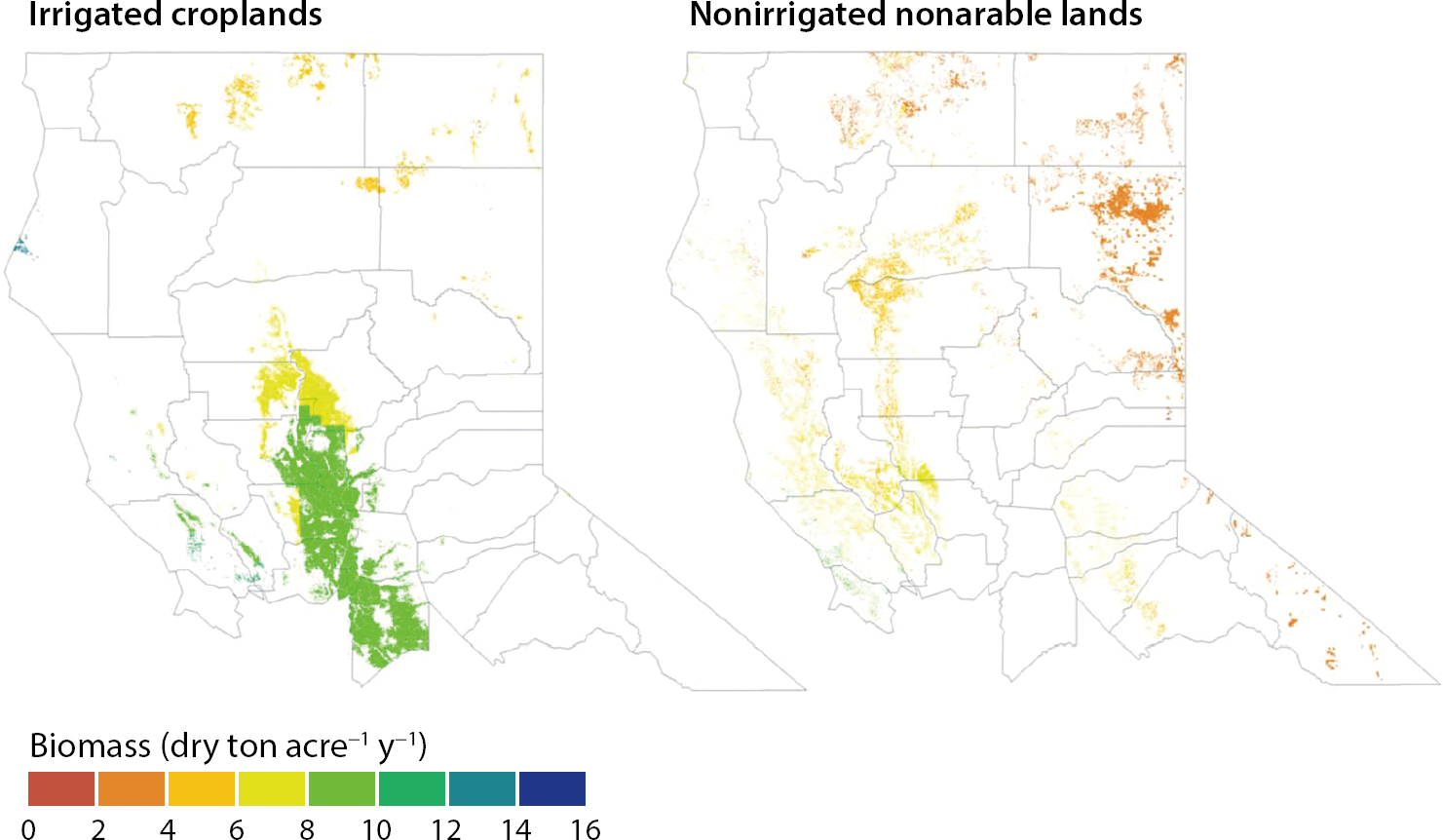 Spatial estimates of poplar biomass yields (dry tons per acre per year) from suitable irrigated croplands and nonarable lands (nonirrigated pasture and grasslands).