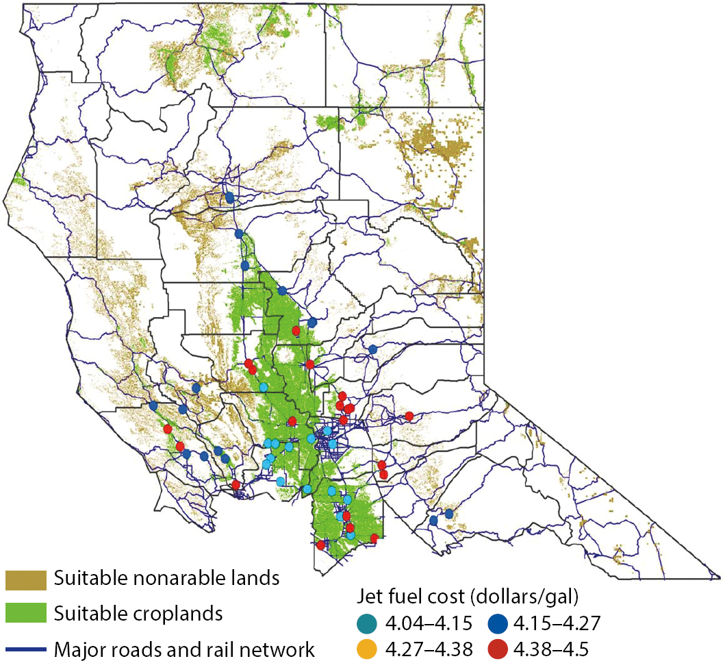 Possible sites for independent 100-million-gallon per year (MGY) biorefineries in Northern California and optimum jet fuel price for each site based on biomass supply from both suitable croplands and nonarable lands (nonirrigated pasture and grasslands).