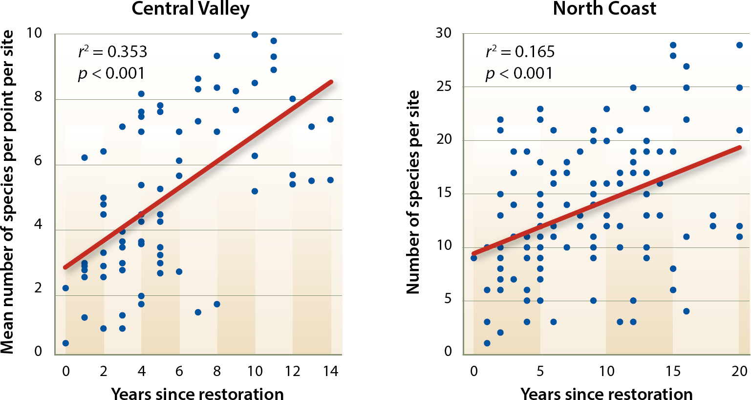 Bird species richness plotted against restoration age in restored riparian habitat in the North Coast and Central Valley regions.