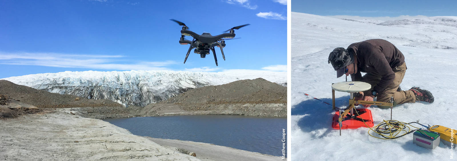 Above left, a 3D Robotics Solo drone carrying a Canon S110 camera flies a mapping mission over a lake in western Greenland the day after a jökulhlaup (a glacial outburst flood). Above right, precise ground control point surveys are needed to accurately geolocate imagery collected with a drone and produce high quality orthomosaics. The photo shows Rutgers University doctoral student Sasha Leidman conducting a differential GPS survey of a ground control marker on the Greenland ice sheet.
