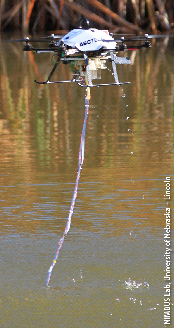 A drone-mounted thermal sensor can monitor temperature in a water body or watercourse at various depths and times of day, helping to identify habitat zones for aquatic species.