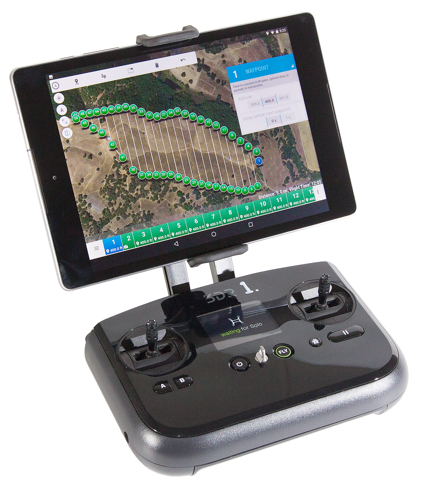 Controller for a DJI Inspire 1 drone. The attached tablet shows an inflight view and other information.