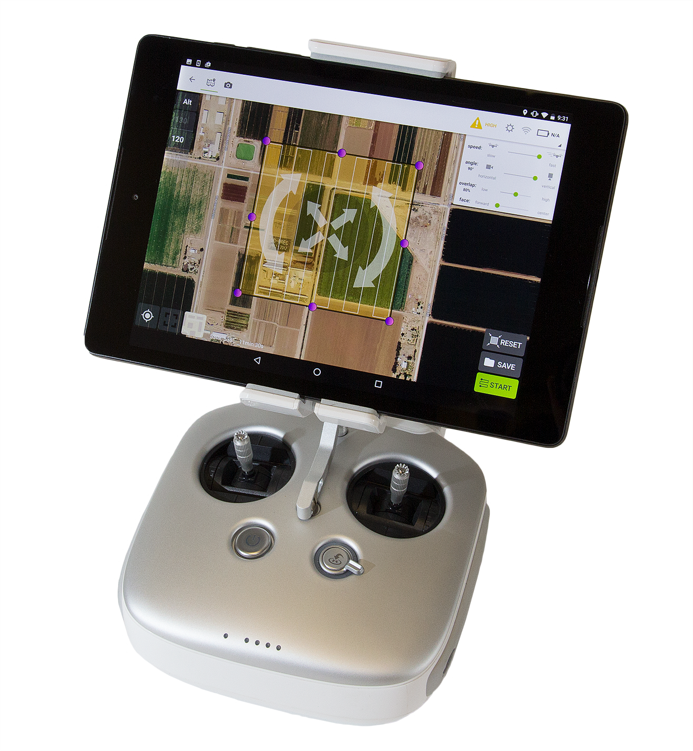 Controller for a 3D Robotics Solo drone. The attached Android tablet displays a programmed flight plan.