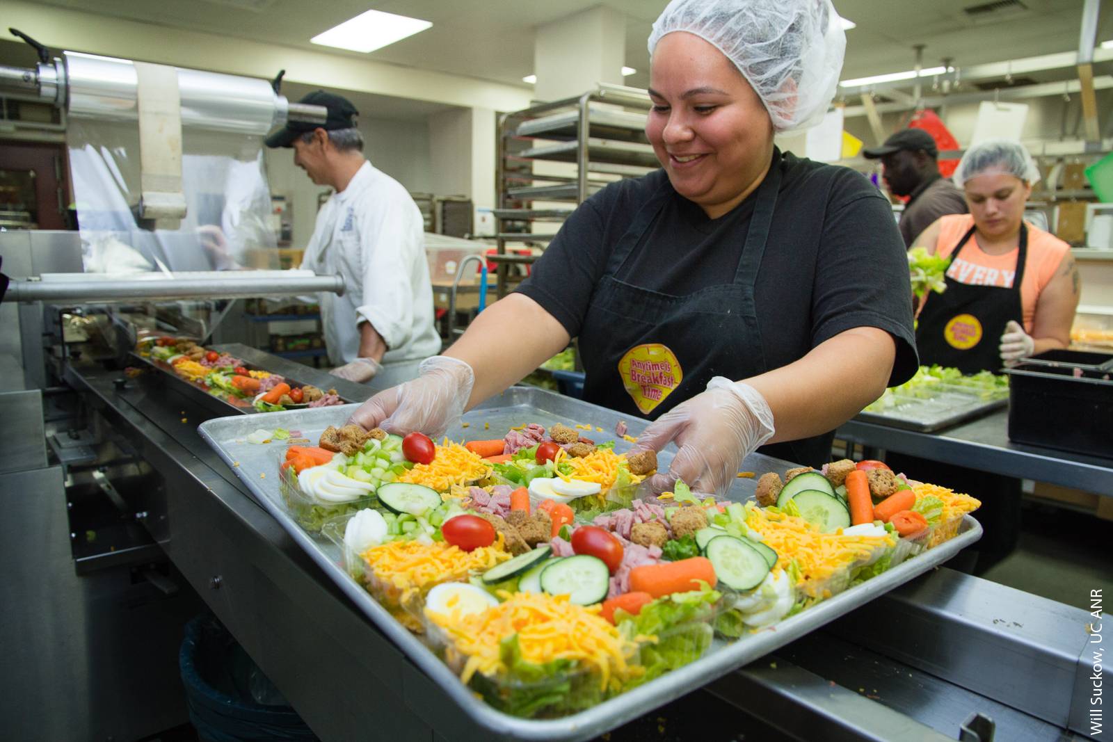 Workers prepare fresh salads in the Davis Joint Unified School District central kitchen. Although direct sales can help growers expand their markets and in some cases receive higher prices, developing long-term purchasing relationships with school food service buyers has remained a challenge.