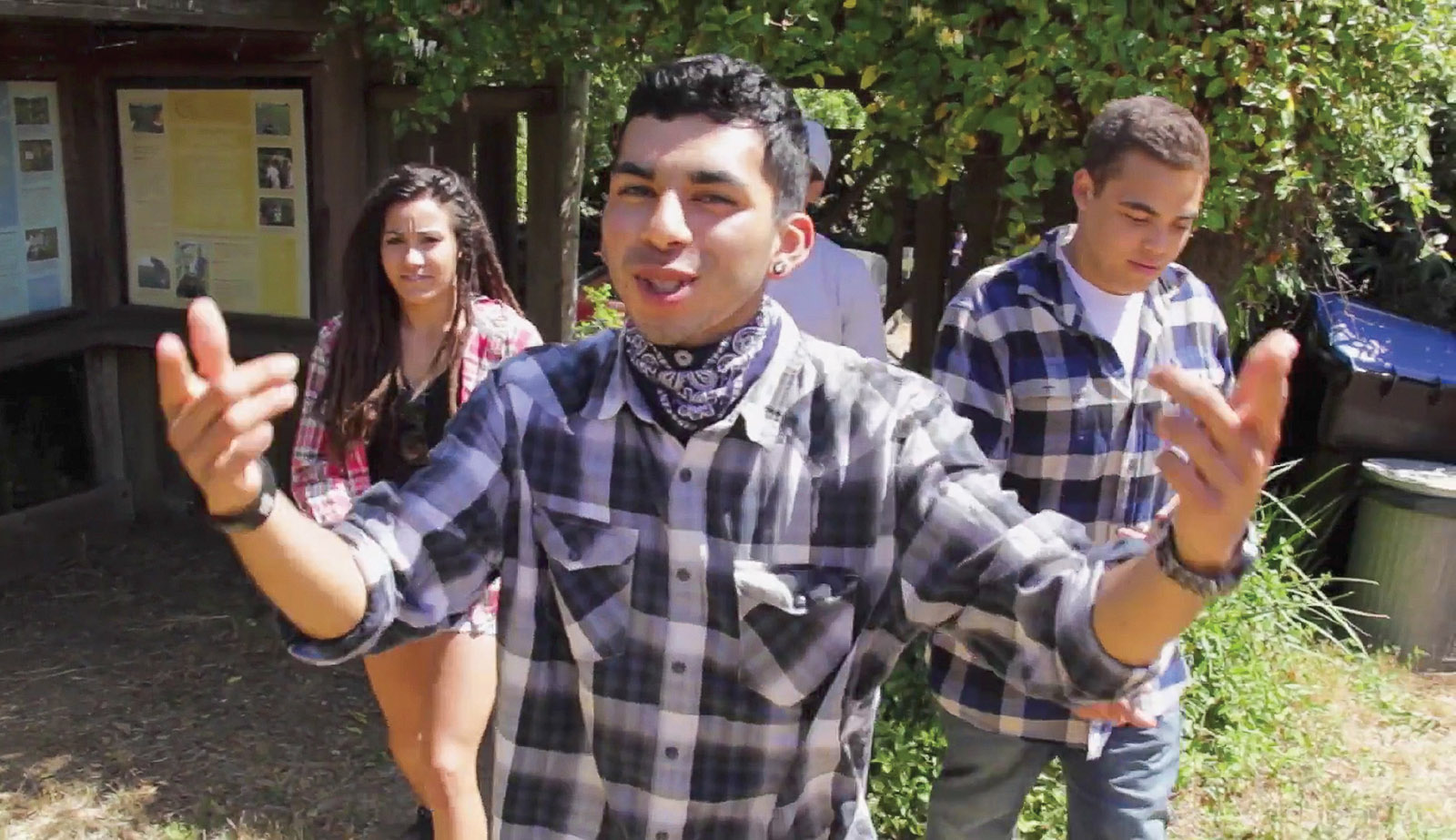 “Seeing what you're learning and learning it by doing. Tell ‘em we got dreams and goals we're pursuing. Tell ‘em we're choosing to make a change right here.”— Can UC music video, produced by UC Santa Cruz Students including David Robles (center), Aubrey Wilson (right) and Alyssa Billys (left)