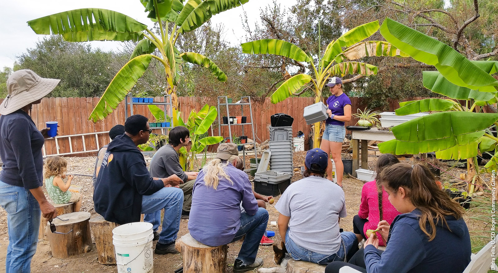 Maddy Luthard from UCSD Roger's Community Garden leads a worm composting workshop at Ocean View Growing Grounds, in San Diego. In addition to being a source of food, community gardens can provide sites for community organizing and educational programs.