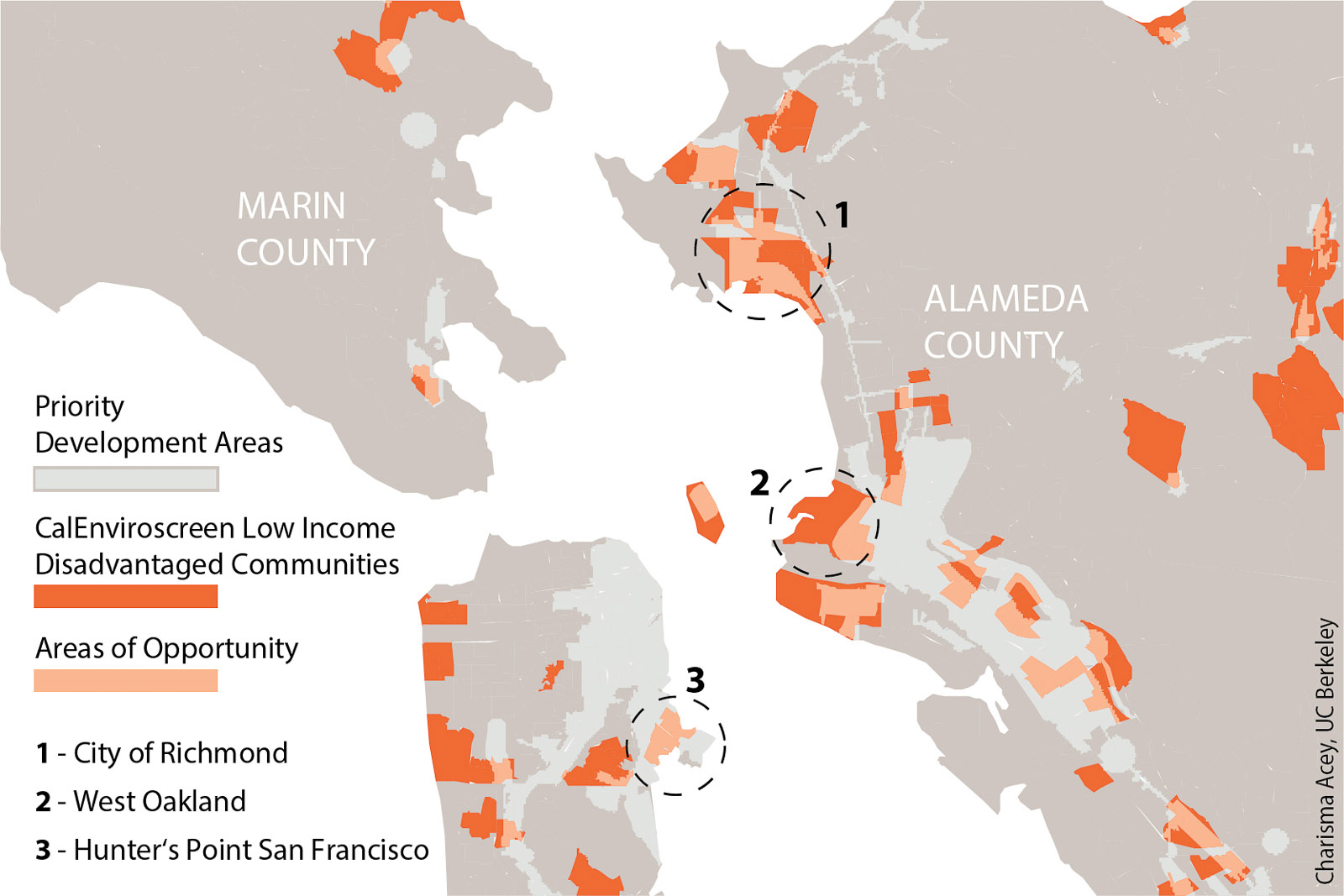 Circles in the map below highlight three prime “Food Opportunity Zones,” areas where factors associated with food insecurity — such as poverty, scarce food retailers and low environmental quality — overlap with opportunities to develop urban agriculture.