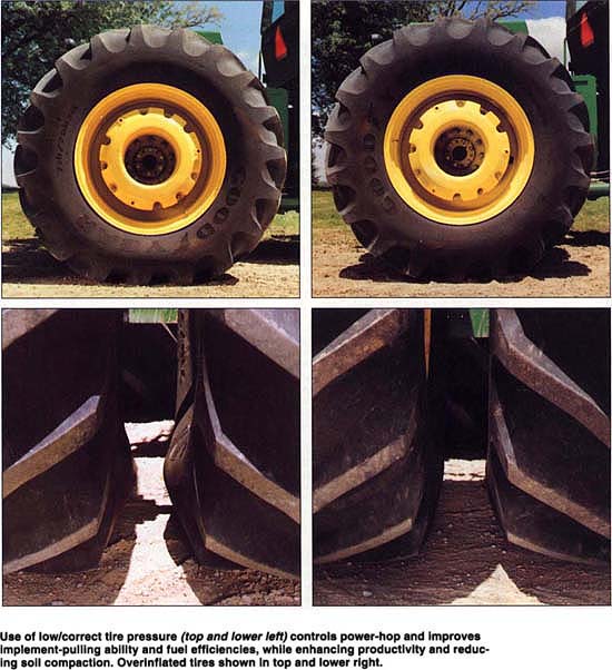 Use of low/correct tire pressure (top and lower left) controls power-hop and improves implement-pulling ability and fuel efficiencies, while enhancing productivity and reducing soil compaction. Overinflated tires shown in top and lower right.