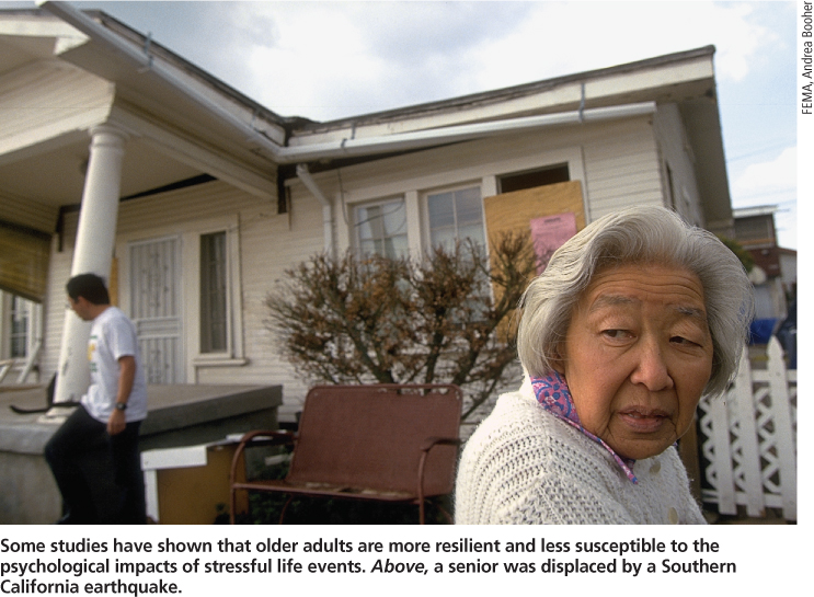Some studies have shown that older adults are more resilient and less susceptible to the psychological impacts of stressful life events. Above, a senior was displaced by a Southern California earthquake.