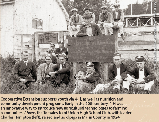 Cooperative Extension supports youth via 4-H, as well as nutrition and community development programs. Early in the 20th century, 4-H was an innovative way to introduce new agricultural technologies to farming communities. Above, the Tomales Joint Union High School Club, with leader Charles Hampton (left), raised and sold pigs in Marin County in 1924.