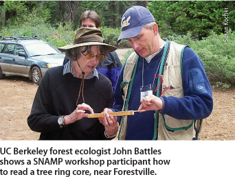 UC Berkeley forest ecologist John Battles shows a SNAMP workshop participant how to read a tree ring core, near Forestville.