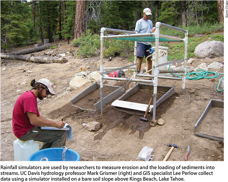 Rainfall simulators are used by researchers to measure erosion and the loading of sediments into streams. UC Davis hydrology professor Mark Grismer (right) and GIS specialist Lee Perlow collect data using a simulator installed on a bare soil slope above Kings Beach, Lake Tahoe.