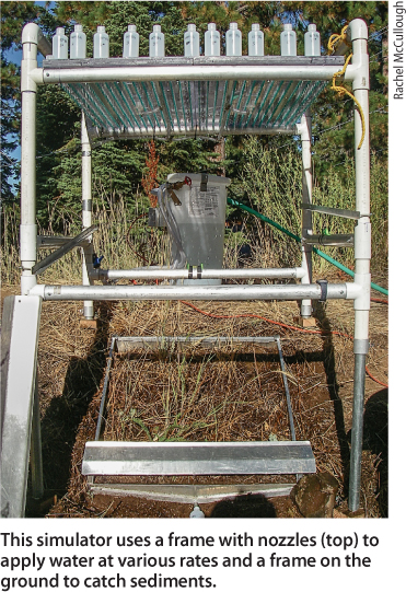 This simulator uses a frame with nozzles (top) to apply water at various rates and a frame on the ground to catch sediments.