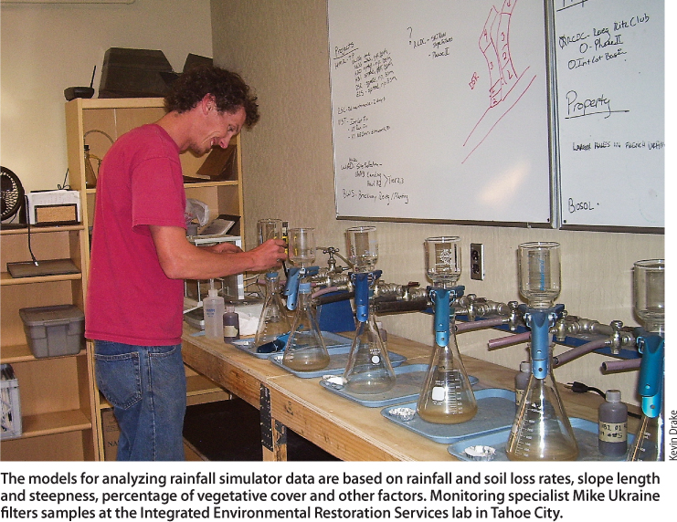 The models for analyzing rainfall simulator data are based on rainfall and soil loss rates, slope length and steepness, percentage of vegetative cover and other factors. Monitoring specialist Mike Ukraine filters samples at the Integrated Environmental Restoration Services lab in Tahoe City.