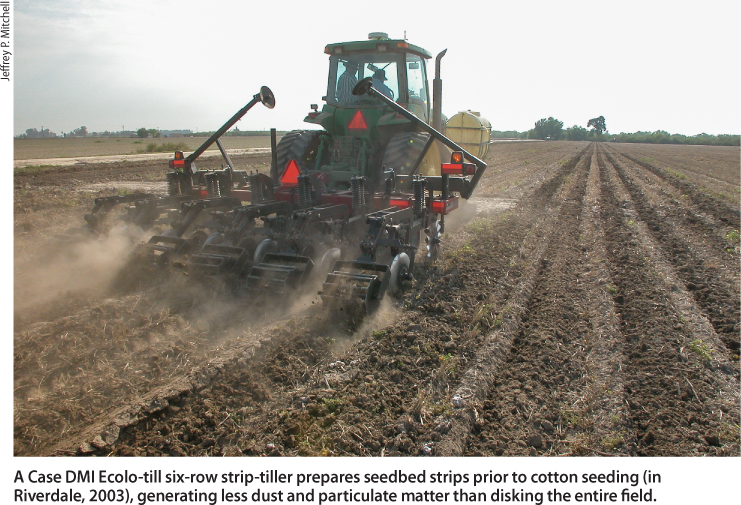 A Case DMI Ecolo-till six-row strip-tiller prepares seedbed strips prior to cotton seeding (in Riverdale, 2003), generating less dust and particulate matterthan disking the entire field.