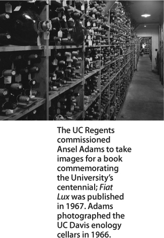 The UC Regents commissioned Ansel Adams to take images for a book commemorating the University's centennial; Fiat Lux was published in 1967. Adams photographed the UC Davis enology cellars in 1966.