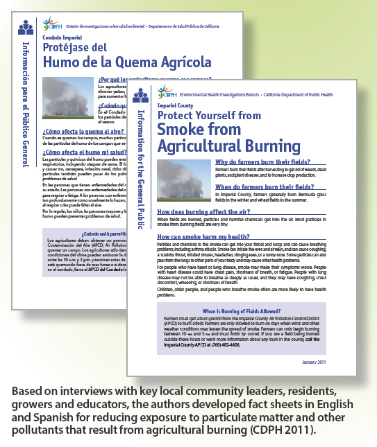 Based on interviews with key local community leaders, residents, growers and educators, the authors developed fact sheets in English and Spanish for reducing exposure to particulate matter and other pollutants that result from agricultural burning (CDPH 2011).
