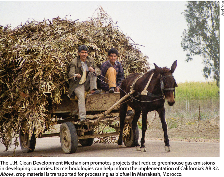 The U.N. Clean Development Mechanism promotes projects that reduce greenhouse gas emissions in developing countries. Its methodologies can help inform the implementation of California's AB 32. Above, crop material is transported for processing as biofuel in Marrakesh, Morocco.