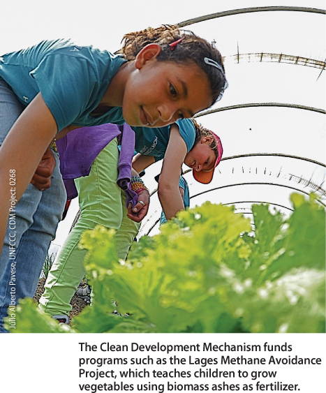 The Clean Development Mechanism funds programs such as the Lages Methane Avoidance Project, which teaches children to grow vegetables using biomass ashes as fertilizer.