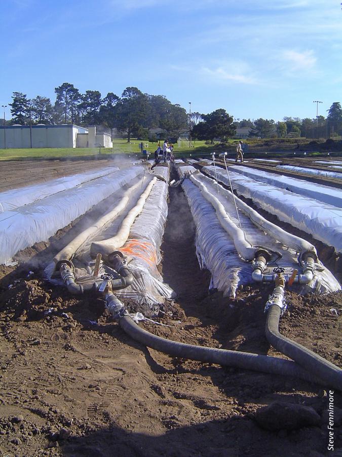 Non-fumigant approaches to managing soilborne pathogens and weeds in strawberry beds include steam treatment, above, in which soil is heated to temperatures higher than 150°F.