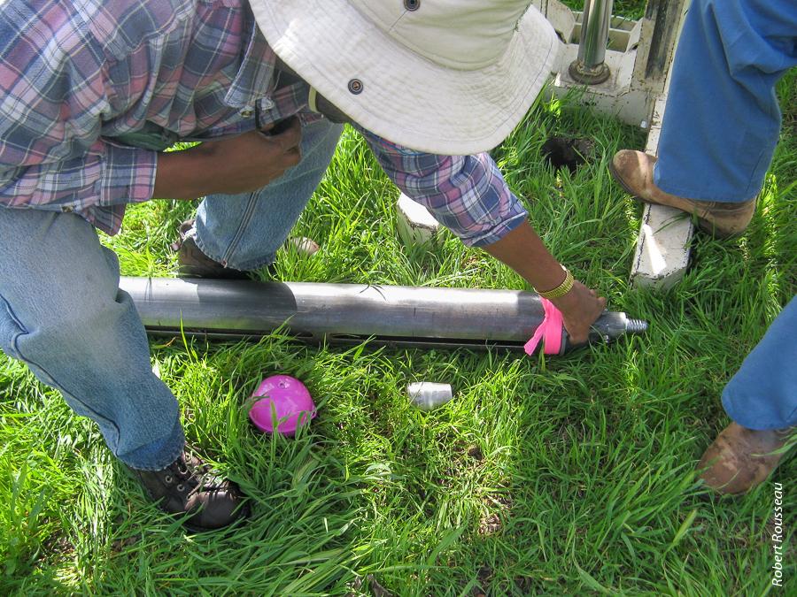 To characterize soil quality, researchers took soil samples and measured soil pH, bulk density and moisture. Above, soil core and GPS located marker ball at Dixon Ridge Farms.