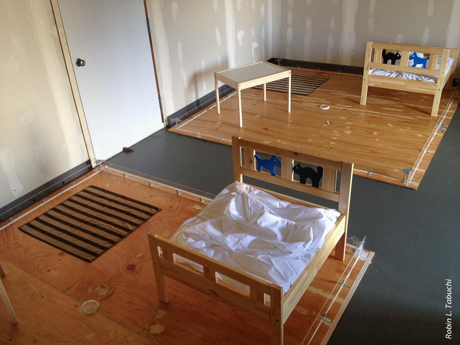 Layout of wooden testing arenas inside the Villa Termiti at UC Berkeley's Richmond Field Station used for simulated field tests of the performance of active and passive bed bug monitors.