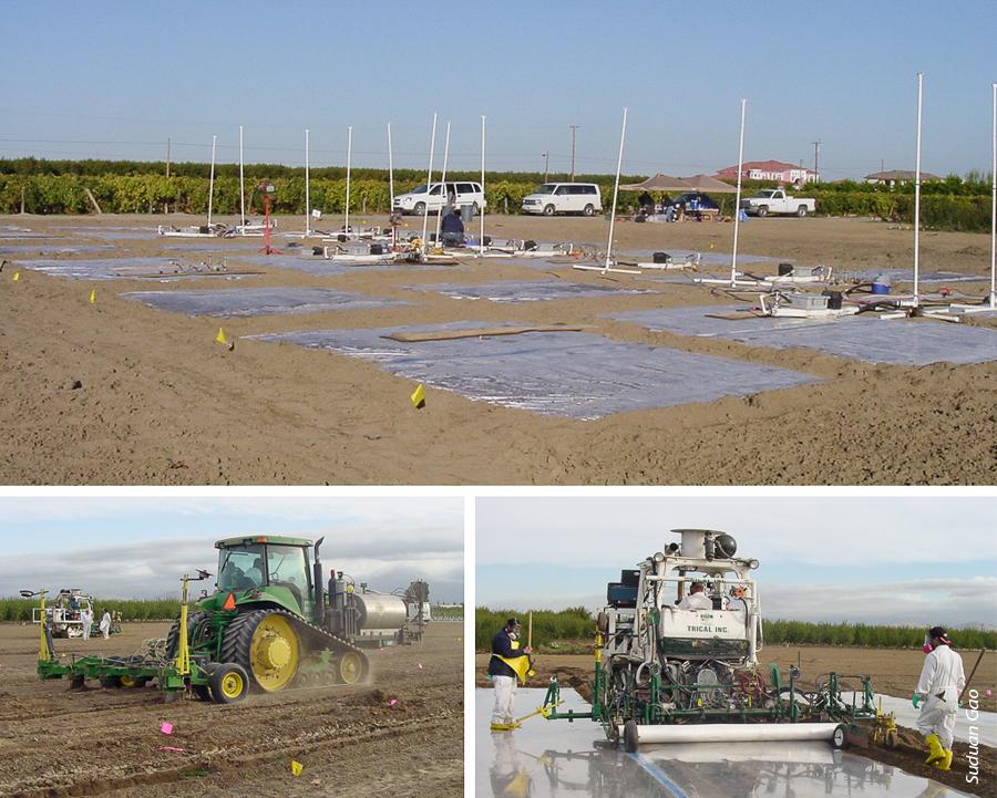 Researchers used dynamic flux chamber equipment, top, to measure fumigant emissions throughout the fall 2009 trial period and 24 hours after tarp cutting. Bottom left, fumigant injection; bottom right, plastic tarp installment at Parlier, Fresno County.