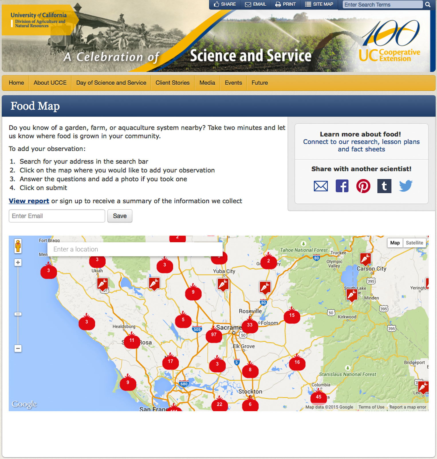 As participants reported food-production sites, information was posted to a map on the UC ANR website.