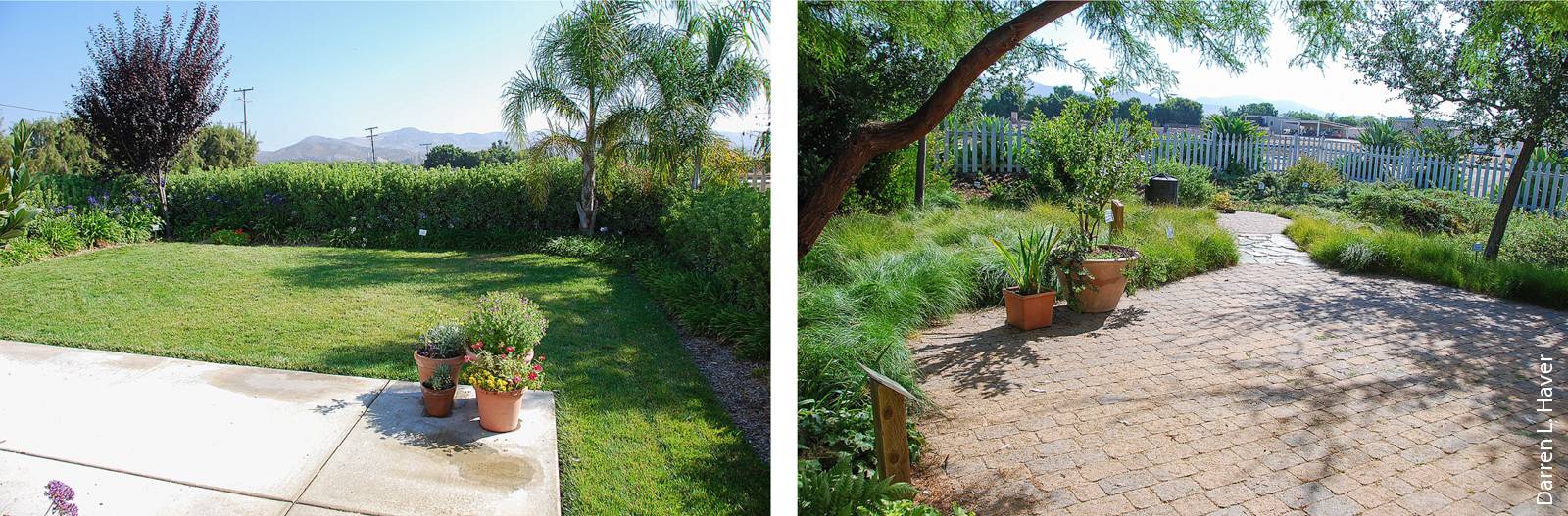 Home site A, left, represents a typical California yard. By contrast, Site C, right, incorporates a variety of features that save water and reduce runoff: native Southern California plants (including the lawn), permeable paving and a smart irrigation controller that responds to weather conditions.