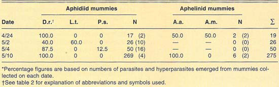 Relative abundance of parasites and hyperparasites of Russian wheat aphid at Santa Ynez during 1991*